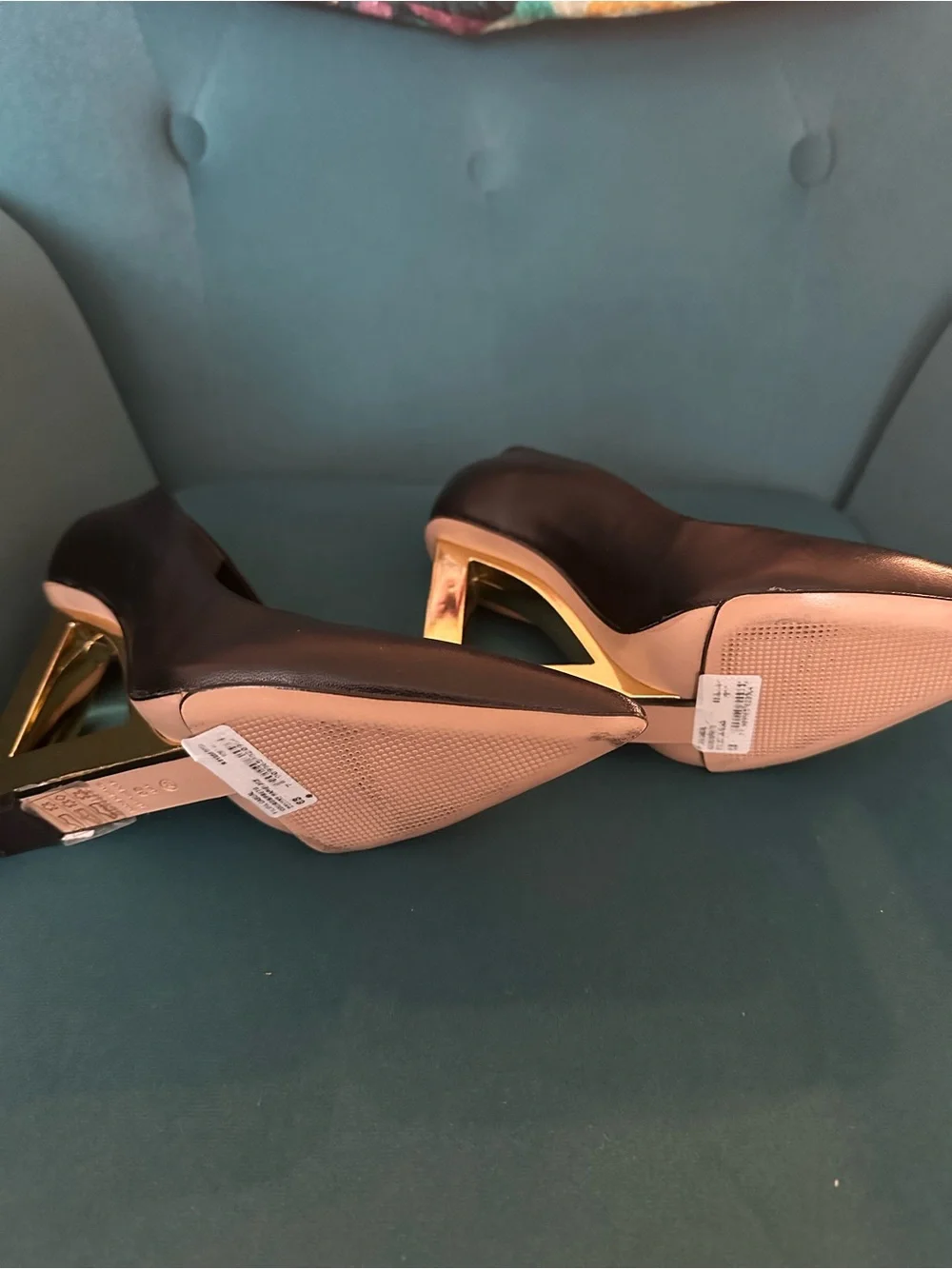 SCHUTZ Filipa Black Leather Pointed Pump with Gold Wedge Heel
